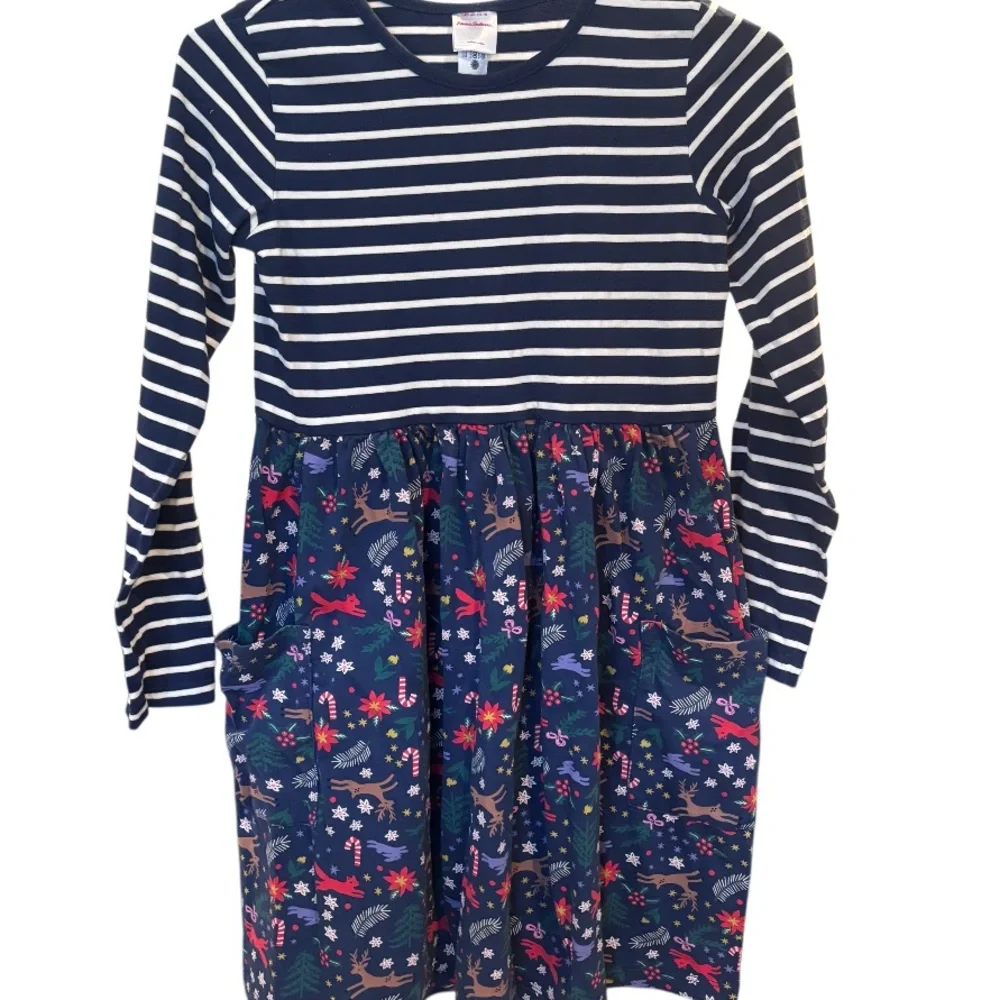 Hanna Andersson Navy Holiday Reindeer Christmas Theme Girls Dress Size 10